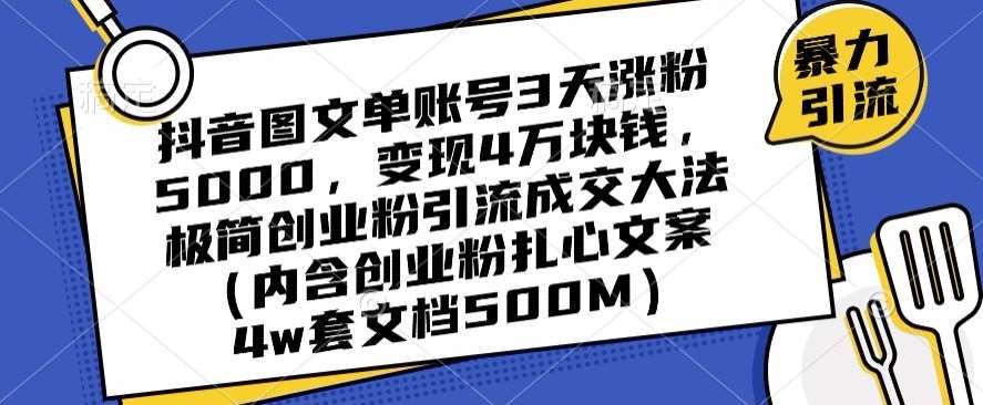 抖音图文单账号3天涨粉5000，变现4万块钱，极简创业粉引流成交大法-云商网创