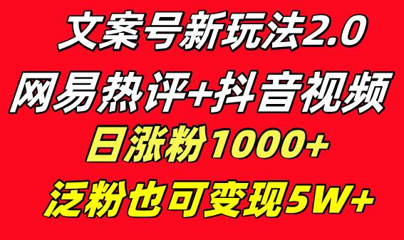 文案号新玩法 网易热评+抖音文案 一天涨粉1000+ 多种变现模式 泛粉也可变现-云商网创