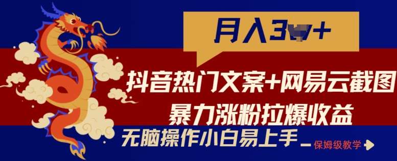 抖音热门文案+网易云截图暴力涨粉拉爆收益玩法，小白无脑操作，简单易上手【揭秘】-云商网创