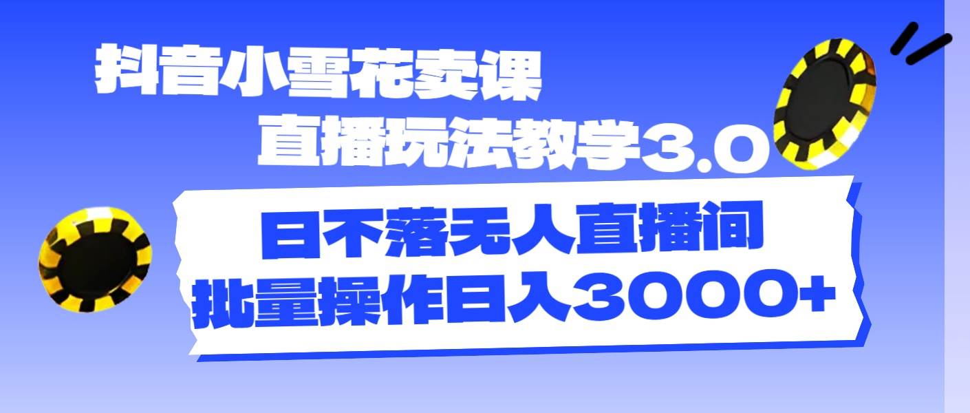 抖音小雪花卖课直播玩法教学3.0，日不落无人直播间，批量操作日入3000+-云商网创