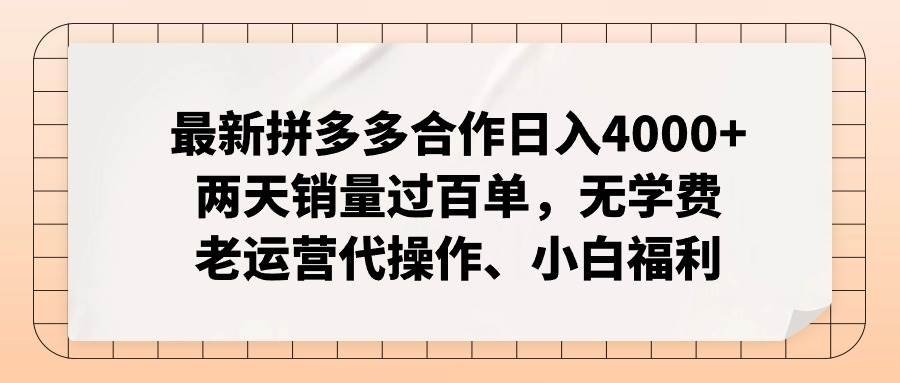 最新拼多多合作日入4000+两天销量过百单，无学费、老运营代操作、小白福利-云商网创