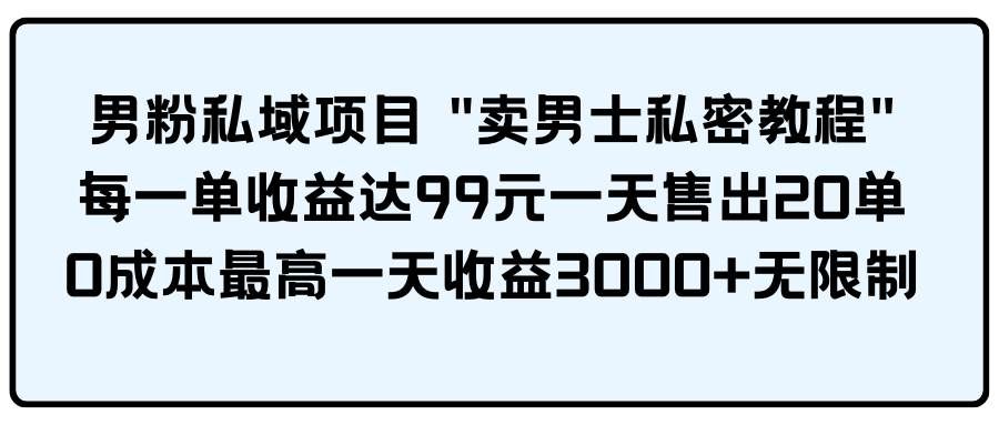 （9730期）男粉私域项目 “卖男士私密教程” 每一单收益达99元一天售出20单-云商网创