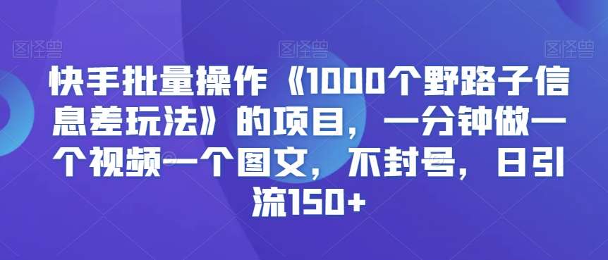 快手批量操作《1000个野路子信息差玩法》的项目，一分钟做一个视频一个图文，不封号，日引流150+【揭秘】-云商网创