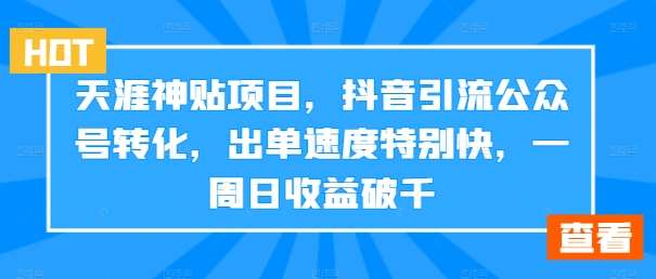 天涯神贴项目，抖音引流公众号转化，出单速度特别快，一周日收益破千-云商网创