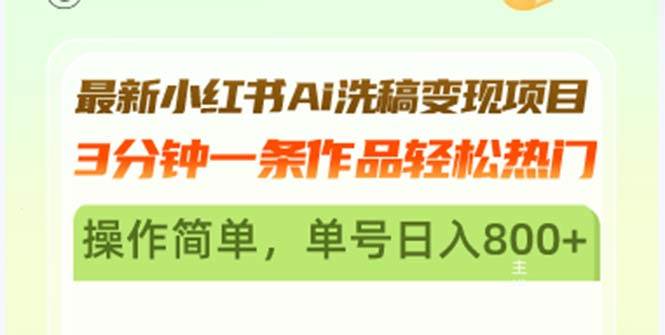 （13182期）最新小红书Ai洗稿变现项目 3分钟一条作品轻松热门 操作简单，单号日入800+-云商网创