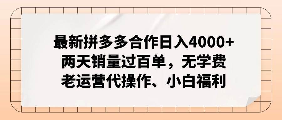 （12869期）拼多多最新合作日入4000+两天销量过百单，无学费、老运营代操作、小白福利-云商网创