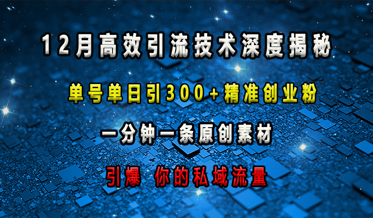 12月高效引流技术深度揭秘 ，单号单日引300+精准创业粉，一分钟一条原创素材，引爆你的私域流量-云商网创