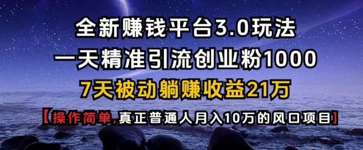 全新赚钱平台3.0玩法一天精准引流创业粉1000.7天被动躺Z收益21W【仅揭秘】-云商网创