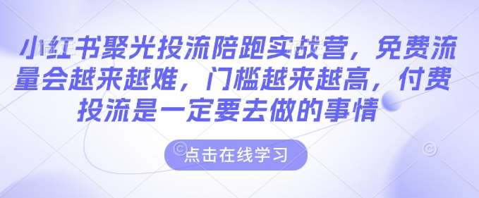 小红书聚光投流陪跑实战营，免费流量会越来越难，门槛越来越高，付费投流是一定要去做的事情-云商网创
