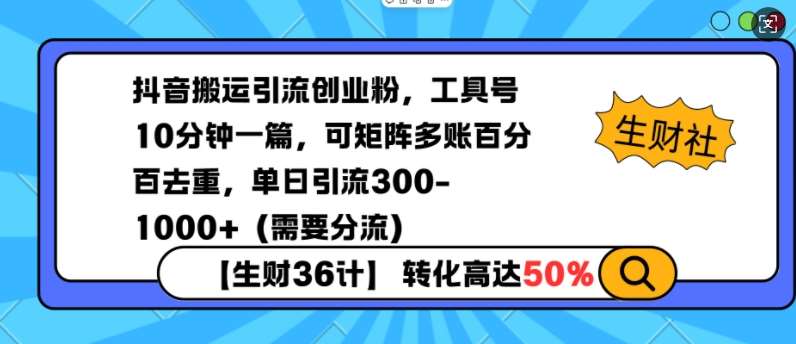 抖音搬运引流创业粉，工具号10分钟一篇，可矩阵多账百分百去重，单日引流300+（需要分流）-云商网创
