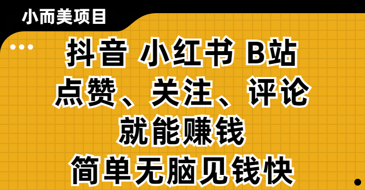小而美的项目，抖音、小红书、B站视频点赞、关注、评论就能赚钱，简单无脑立见收益！妥妥的零撸项目-云商网创