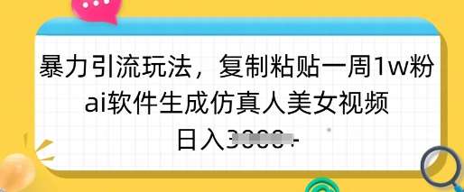 暴力引流玩法，复制粘贴一周1w粉，ai软件生成仿真人美女视频，日入多张-云商网创