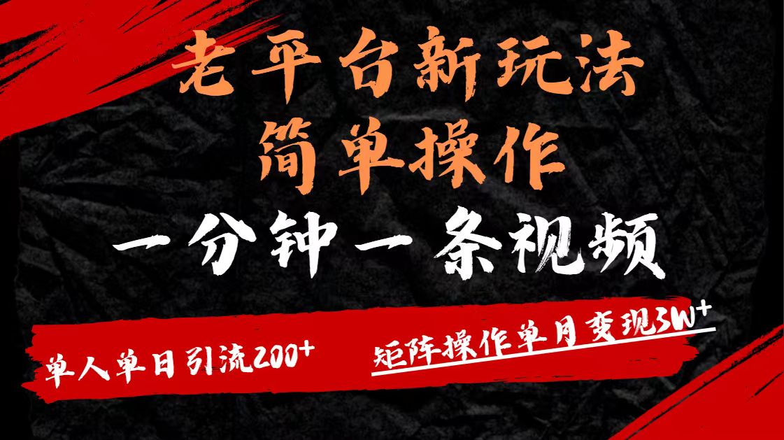 老平台，新玩法，简单操作，一分钟一条视频，单人单人引流200+矩阵操作，单月变现3W-云商网创