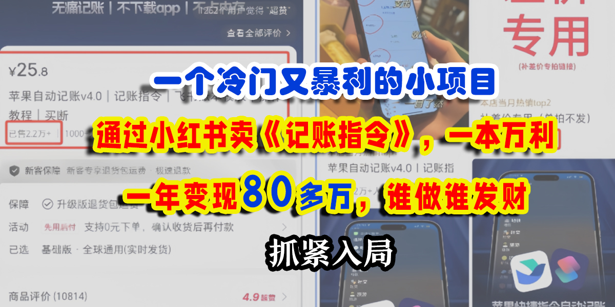 一个冷门又暴利的小项目，通过小红书卖《记账指令》，一本万利，一年变现80多万，谁做谁发财-云商网创