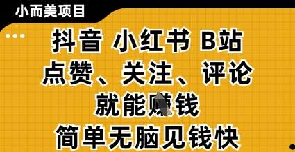小而美的项目，抖音小红书B站视频点赞、关注、评论就能挣钱，简单无脑立见收益，妥妥的零撸项目【揭秘】-云商网创