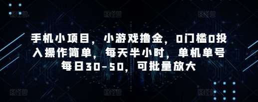 手机小项目，小游戏撸金，0门槛0投入操作简单，每天半小时，单机单号每日30-50，可批量放大-云商网创