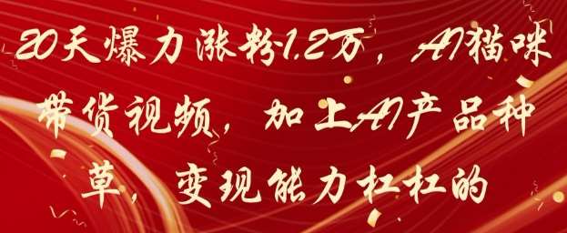 20天爆力涨粉1.2W，AI猫咪带货视频，加上AI产品种草，变现能力杠杠的-云商网创