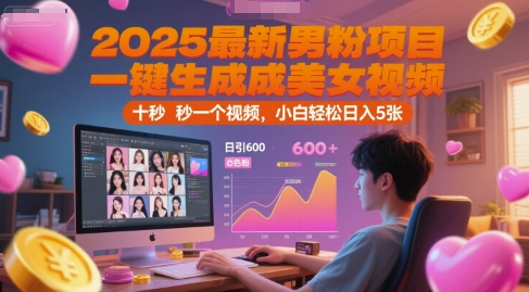 2025最新男粉项目，一键生成美女视频，日引600+色粉 十秒一个视频，小白轻松日入5张【揭秘】-云商网创