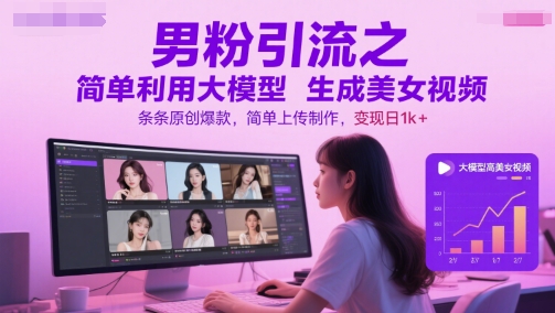 男粉引流之简单利用大模型生成美女视频，条条原创爆款，简单上传制作，变现日1k+-云商网创