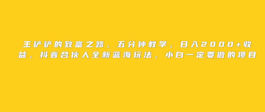 王铲铲的致富之路，日入2000+收益，五分钟教学，抖音合伙人全新蓝海玩法，小白一定要做的项目-云商网创