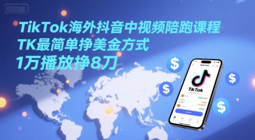 TikTok海外抖音中视频陪跑课程，TK最简单挣美金方式，1万播放挣8刀-云商网创