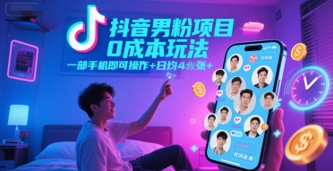 抖音男粉项目0成本玩法，一部手机即可操作，日均4张+，时间自由-云商网创