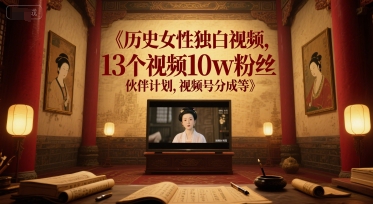 历史女性独白视频，13个视频10w粉丝，伙伴计划，视频号分成等-云商网创