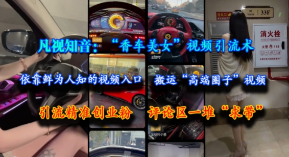 凡视知音：“香车美女”视频引流术，依靠鲜为人知的视频入口，搬运“高端圈子”视频，引流精准创业粉，评论区一堆“求带”-云商网创