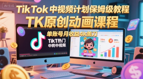 TikTok中视频计划保姆级教程，TK原创动画课程，单账号月收益4k美刀-云商网创
