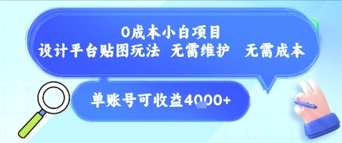 0成本小白项目，设计平台贴图玩法，无需维护，无需成本，单账号单月可产生收益4k+-云商网创