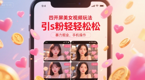 四开屏美女视频玩法，引s粉轻轻松松，暴力掘金，手机操作【揭秘】-云商网创