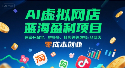AI虚拟网店蓝海盈利项目，在家开淘宝、拼多多、抖店等虚拟品网店，零成本创业-云商网创