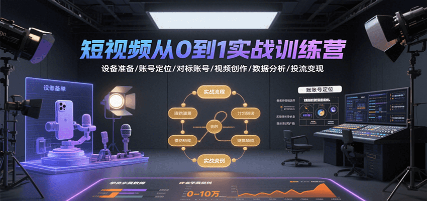 短视频从0到1实战训练营：设备准备/账号定位/对标账号/视频创作/数据分析/投流变现-云商网创