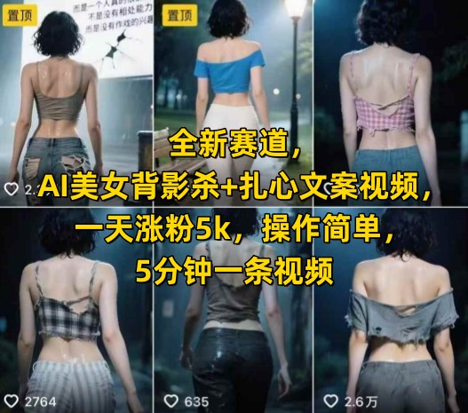全新赛道，AI美女背影杀+扎心文案视频，一天涨粉5k，操作简单，5分钟一条视频-云商网创