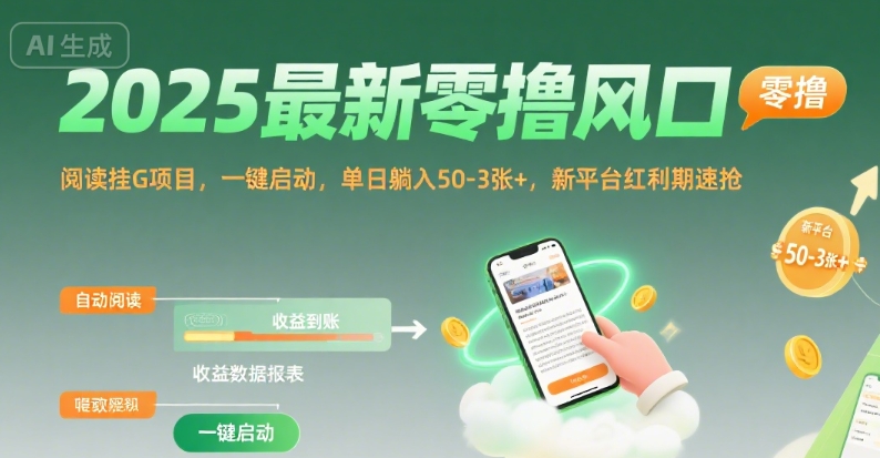 2025最新零撸风口，阅读挂G项目，一键启动，单日躺入 50-3张+，新平台红利期速抢【揭秘】-云商网创