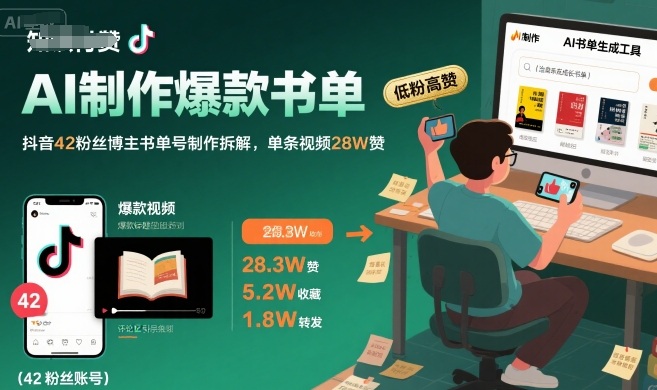 AI制作爆款书单，抖音42粉丝博主书单号制作拆解，单条视频28W赞-云商网创