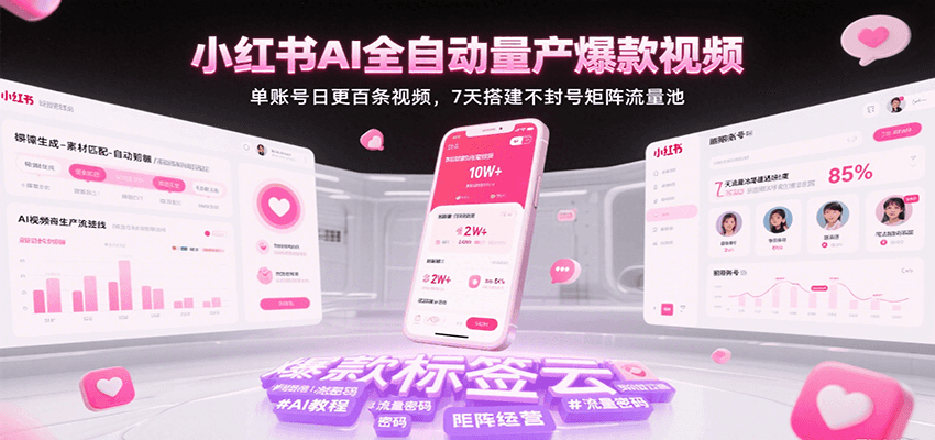 小红书AI全自动量产爆款视频，单账号日更百条视频，7天搭建不封号矩阵流量池（更新）-云商网创