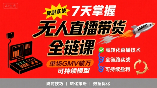 无人直播带货全链防封实战课，7天掌握高转化直播技术，实现单场GMV破万可持续模型-云商网创