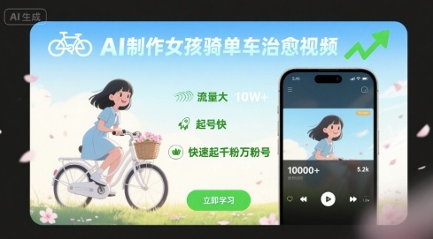 AI制作女孩骑单车治愈视频，流量大，起号快，快速起千粉万粉号-云商网创