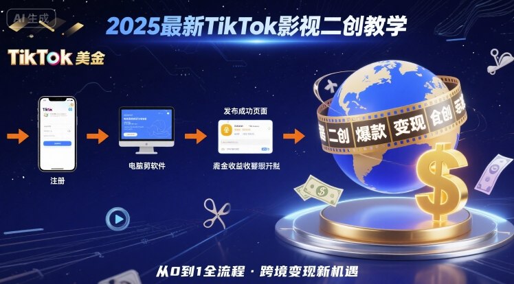 2025年最新TikTok影视二创教学，从注册到发布撸美金全流程，跨境变现新机遇-云商网创