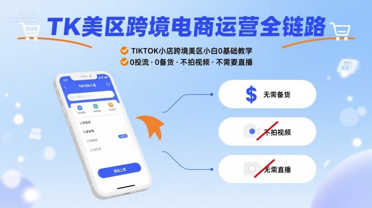 TK美区跨境电商运营全链路，TIKTOK小店跨境美区小白0基础教学，0投流0备货不拍视频不需要直播-云商网创