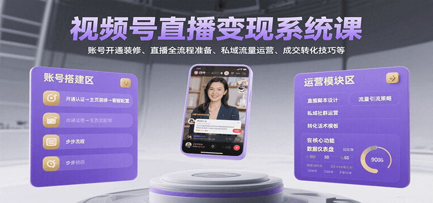 视频号直播变现系统课，账号开通装修、直播全流程准备、私域流量运营、成交转化技巧等-云商网创