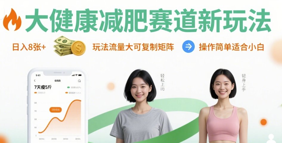 大健康减肥赛道新玩法日入8张，玩法流量大可复制矩阵，操作简单适合小白-云商网创