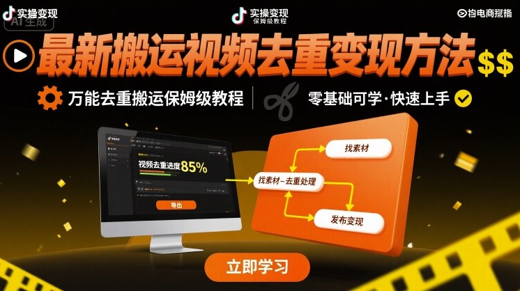 最新搬运视频去重变现方法，万能去重搬运保姆级教程-云商网创