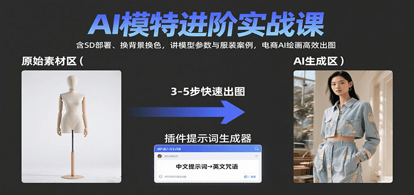 AI模特进阶实战课：含SD部署、换背景换色，讲模型参数与服装案例，电商AI绘画高效出图-云商网创