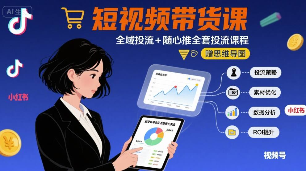 最新短视频带货课，全域投流+随心推全套投流课程+思维导图-云商网创