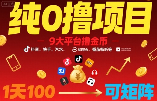 纯0撸项目，9大平台撸金币，抖音，快手，汽水，番茄畅听等，1天100，可矩阵-云商网创