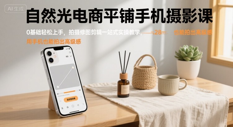 自然光电商平铺手机摄影课，0基础轻松上手，拍摄修图剪辑一站式实操教学，用手机也能拍出高级感-云商网创