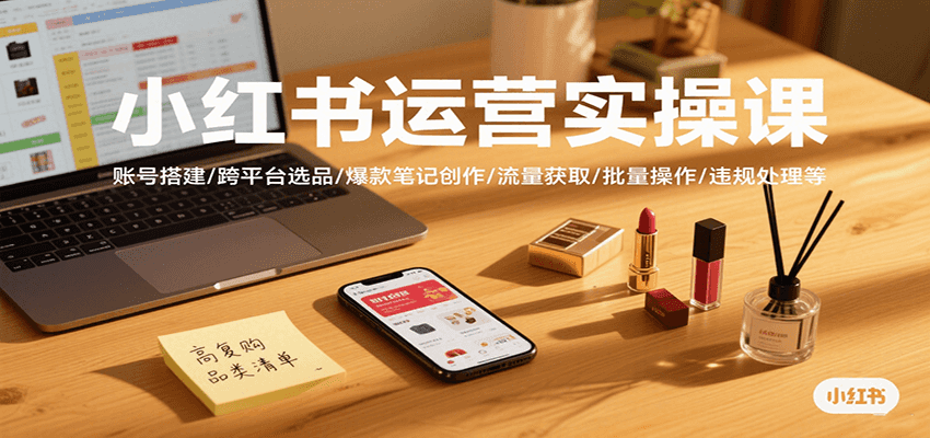 小红书运营实操课，账号搭建/跨平台选品/爆款笔记创作/流量获取/批量操作/违规处理等-云商网创